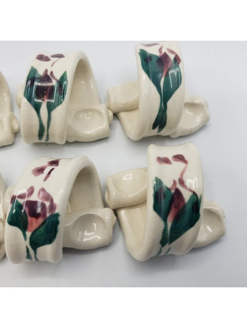 Art Pottery Napkin Rings Set of 6 White Purple Flower Hand Made Artisan